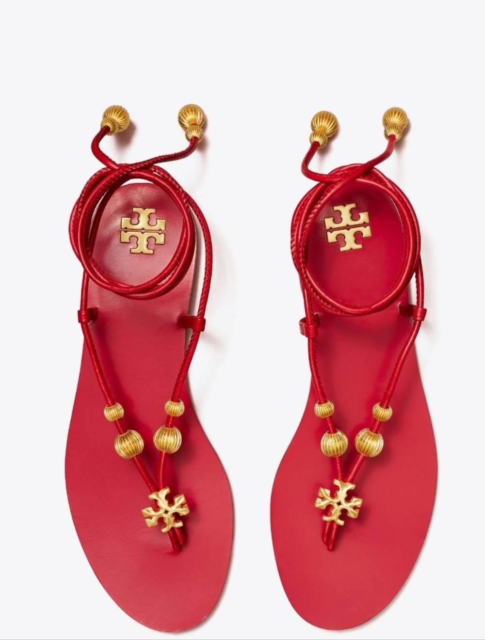Tory Burch Capri Lace Up Red Sandals with Gold Accents